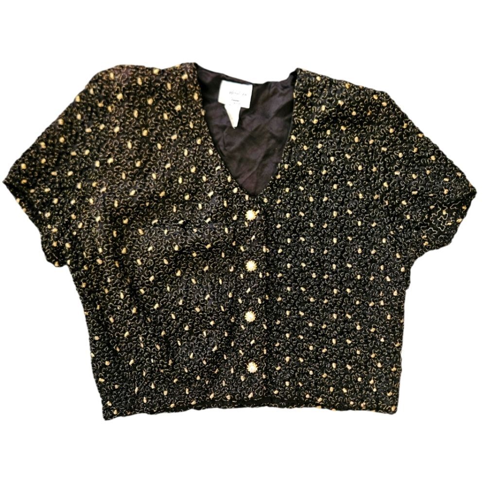 Vintage Jeffery & Dara Black Satin Gold Embroidered Jacket Top Size 10